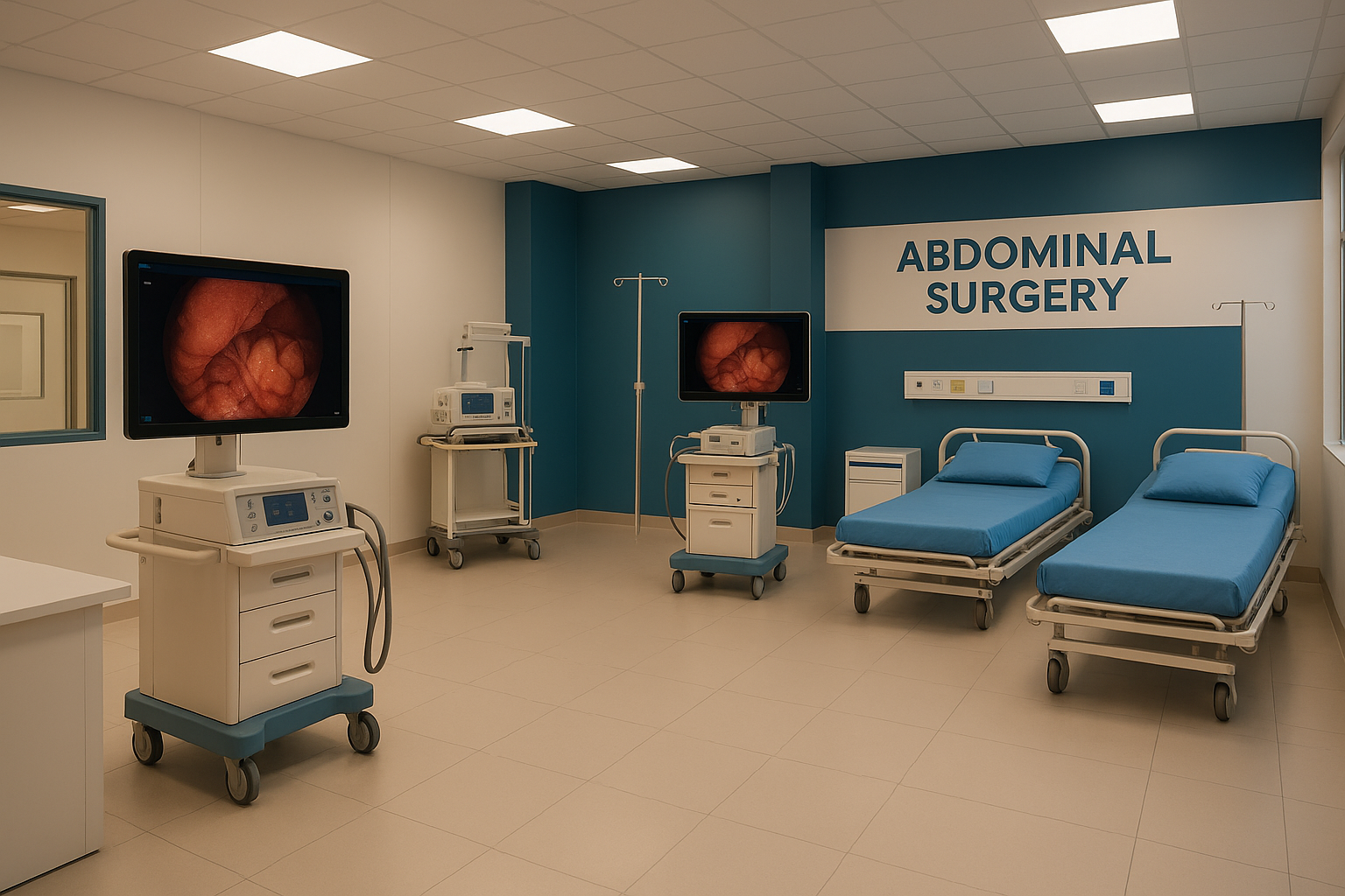 Modern abdominal surgery department with laparoscopic equipment and clean hospital interior