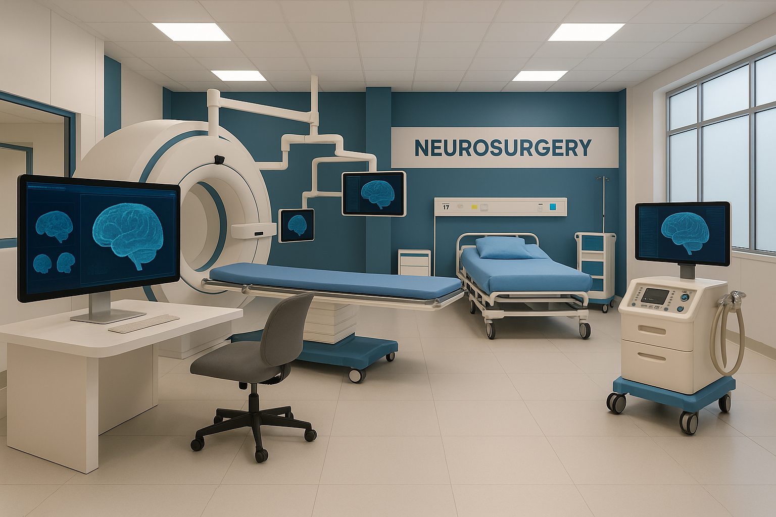 Modern neurosurgery department with surgical equipment and clean hospital interior